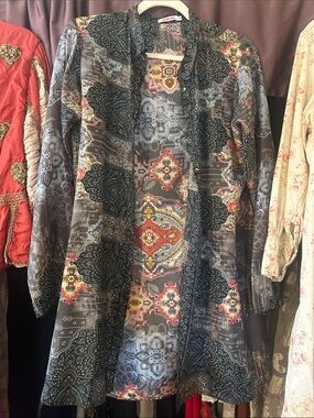 Johnny Was Bohemian Silk Morocco Gypsy Blouse Tunic Top Button Up Size Small